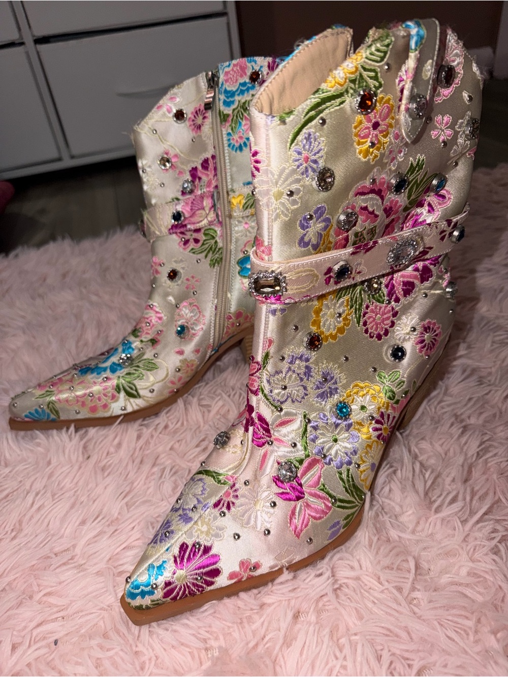 Floral Embroidered Ivory Ankle Boots with Crystal Accents